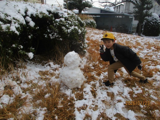 中庭での雪玉づくりの様子